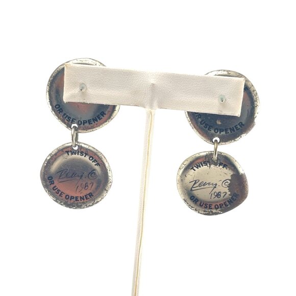 Vintage 1987 Zeny C. Iridescent Bottle Cap Drop Earrings - Picture 7 of 9